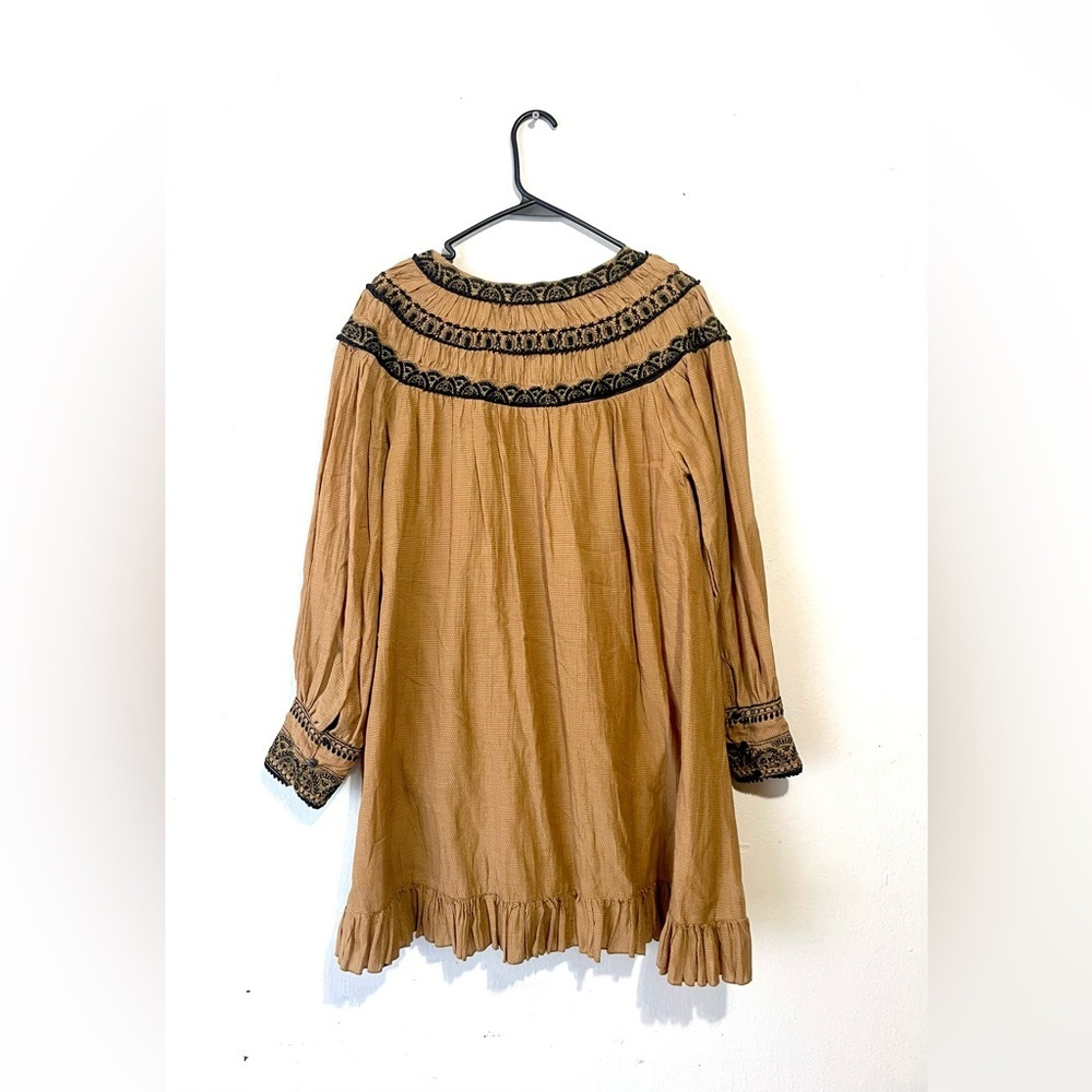 Free‎ People Size M Erin Embroidered Boho Mini Dress Lace Ruffle Cotton Neutral - Picture 7 of 7